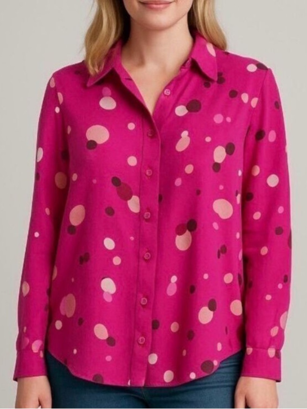 Vintage x New York Design Company Fuchsia Polka Dot Button Down Shirt 100% Silk